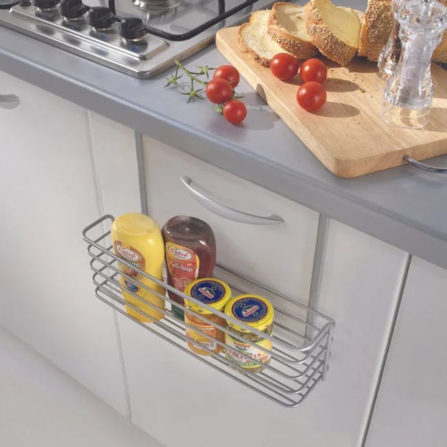 Metaltex Large Basket - Silver - 4 - bottle of mustard, jar of ketchup, bottle of mayonnaise, container of relish, wooden