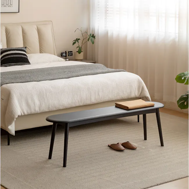 Felda Bench 1.6m - Black Ash - 4 - Cream-colored headboard, beige bedspread, black and white striped pillow, white and beige