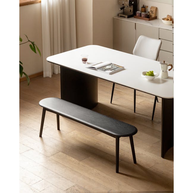 Felda Bench 1.6m - Black Ash - 10 - Modern minimalist kitchen, sleek dining table, white countertop, wooden floor, black