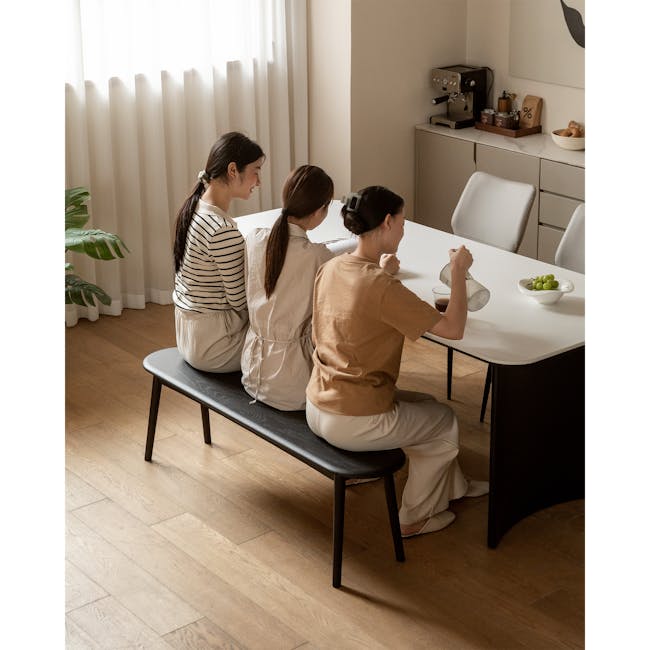 Felda Bench 1.6m - Black Ash - 12 - Modern kitchen, cozy atmosphere, three women, sitting on bench, natural light, white