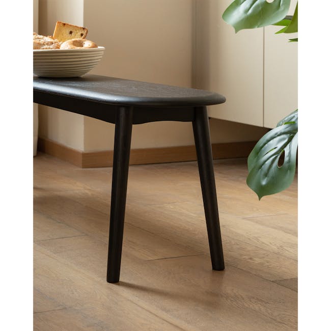 Felda Bench 1.6m - Black Ash - 6 - black wooden bench, minimalist design, natural light, wooden floor, green plant, indoor