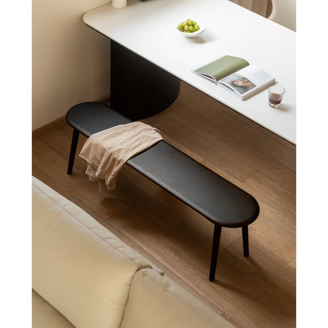Felda Bench 1.6m - Black Ash - 13 - modern minimalist living room, cozy seating area, black bench, wooden floor, white desk