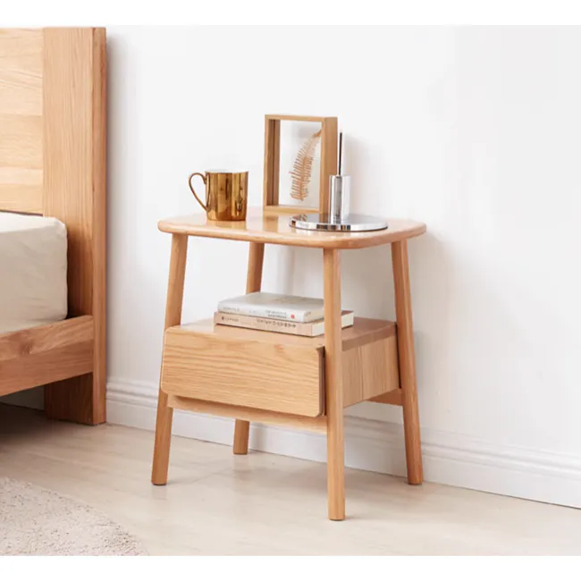 Arianna King Bed in Grey Boucle with 2 Ethan Bedside Table in Oak - 13 - Wooden bedside table, minimalist design, natural