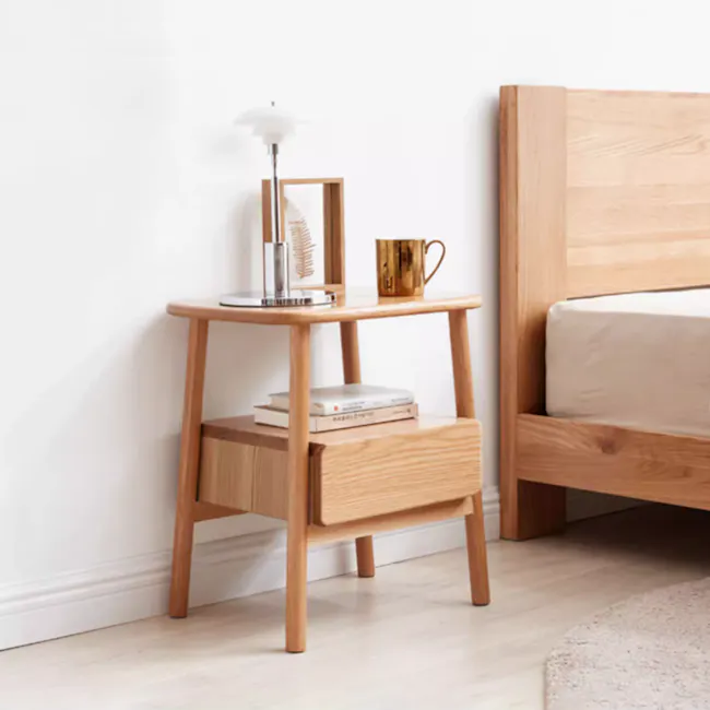 Arianna King Bed in Grey Boucle with 2 Ethan Bedside Table in Oak - 14 - Wooden nightstand, minimalist design, light wooden