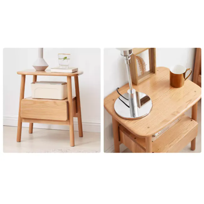 Ethan Bedside Table - Oak - 5 - Wooden side table, minimalist design, natural wood finish, small shelf, white lamp, glass