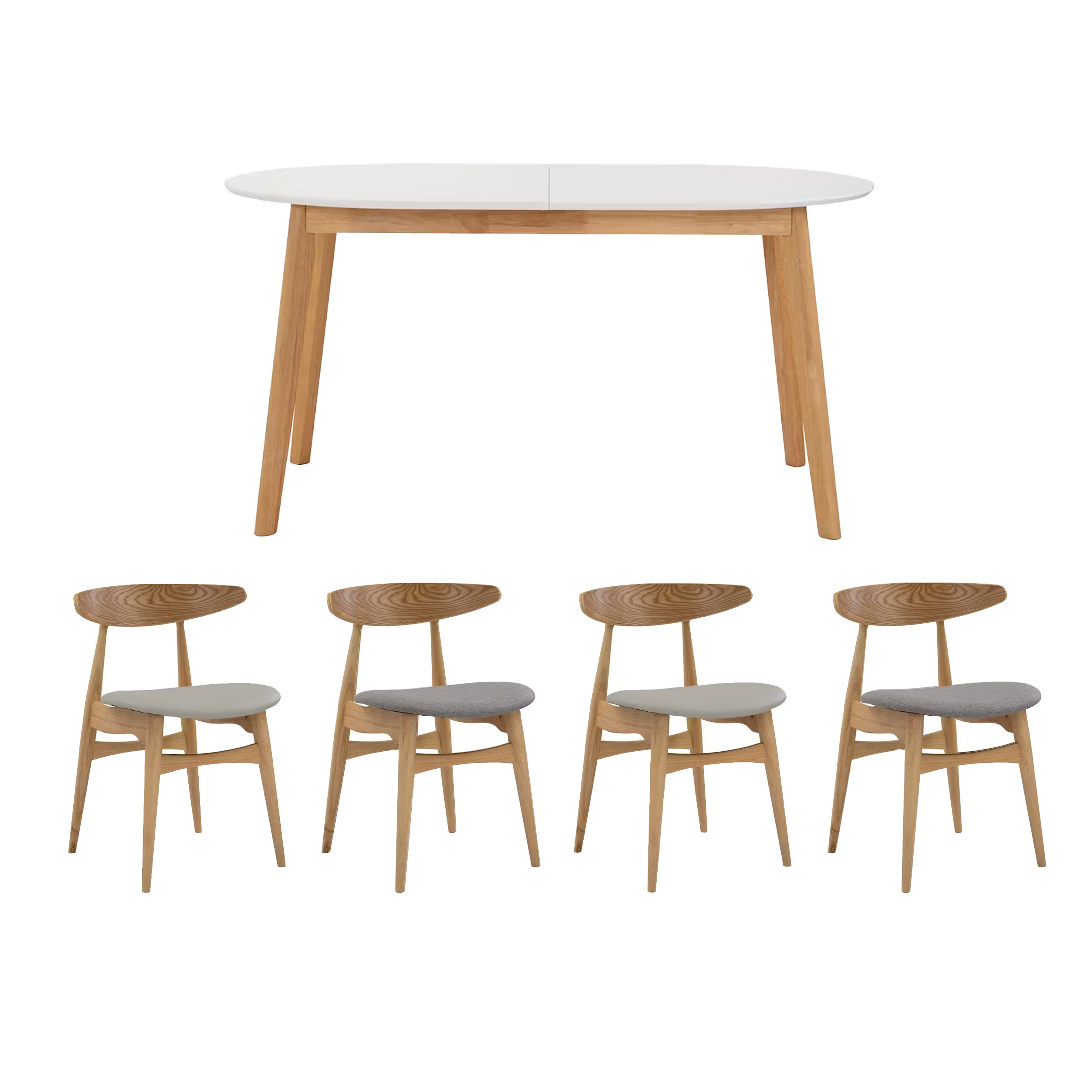 Werner Extendable Oval Dining Table 1.5m-2m in Natural, White with 4 Tricia Dining Chairs in Oak, Light Grey (Fabric)