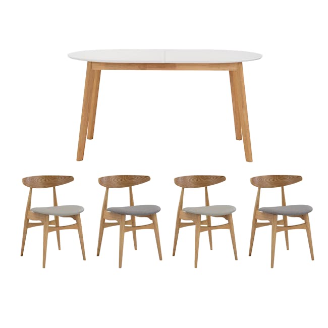 Werner Extendable Oval Dining Table 1.5m-2m in Natural, White with 4 Tricia Dining Chairs in Oak, Light Grey (Fabric) - 0