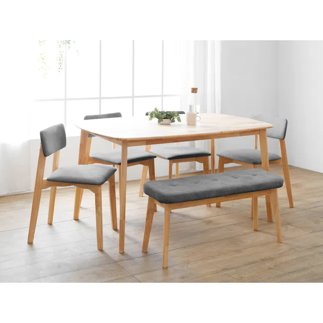 Hockey Chair - Grey - 2 - Light wood dining table with six chairs and a potted plant, minimalist interior design, natural