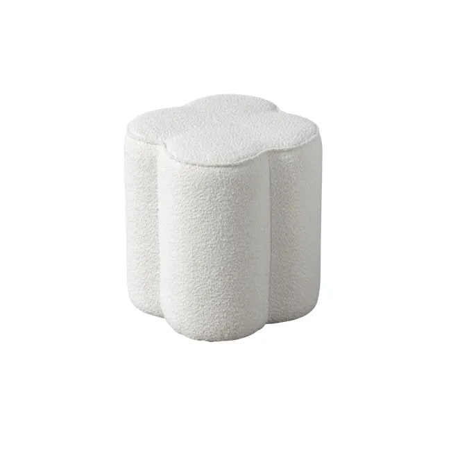Clover Pouf - White Boucle - 1 - White, fluffy, soft, textured, cylindrical, cushioned, ergonomic, comfortable, cozy