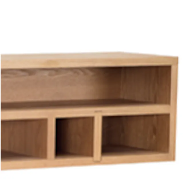 Ezra Wall Storage Unit - Natural - 3 - Wooden media console with built-in shelves, minimalist design, open shelving, storage