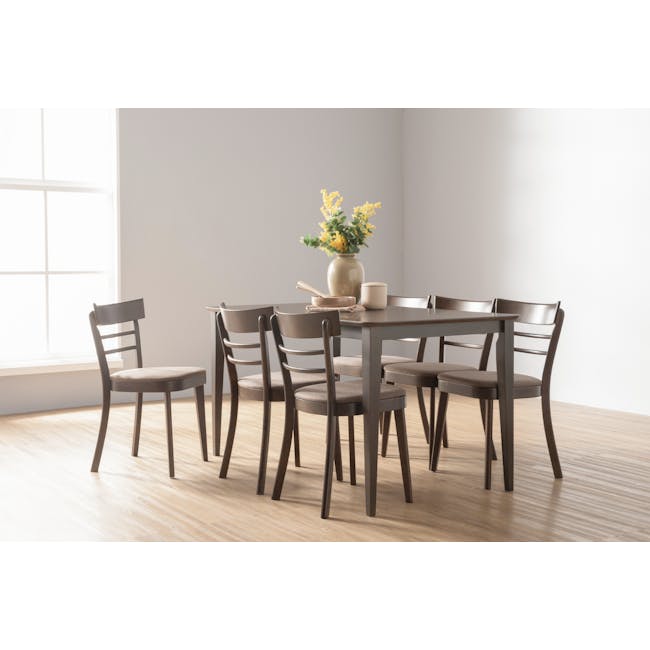 Charmant Dining Table 1.4m in Dark Chestnut with Miranda Bench 1m and 2 Miranda Chairs in Gray Owl - 4