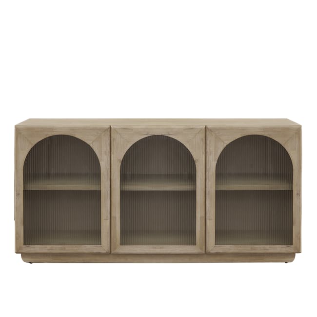 Catania Sideboard 1.6m - 14 - Light wood cabinet with three arched shelves, minimalist design, natural wood finish, open