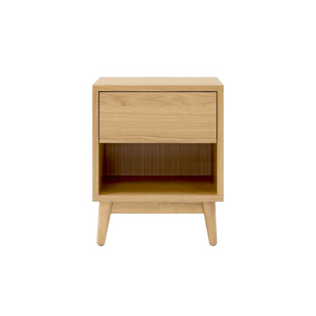 Cassius 2 Drawer Queen Bed in Oak, Tin Grey with 2 Kyoto Top Drawer Bedside Tables in Oak - 17