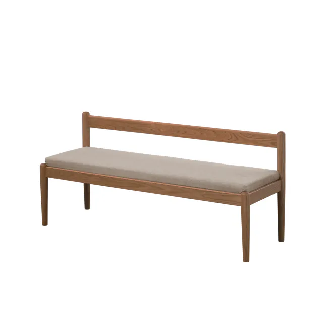 Niel Bench 1.25m - Walnut, Chestnut - 9 - Wooden bench with beige cushion, minimalist design, natural wood finish, sturdy