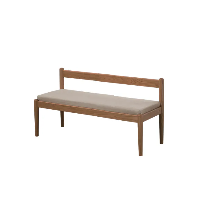 Niel Bench 1.25m - Walnut, Chestnut - 6 - Wooden bench with beige cushion, minimalist design, natural wood finish, sturdy