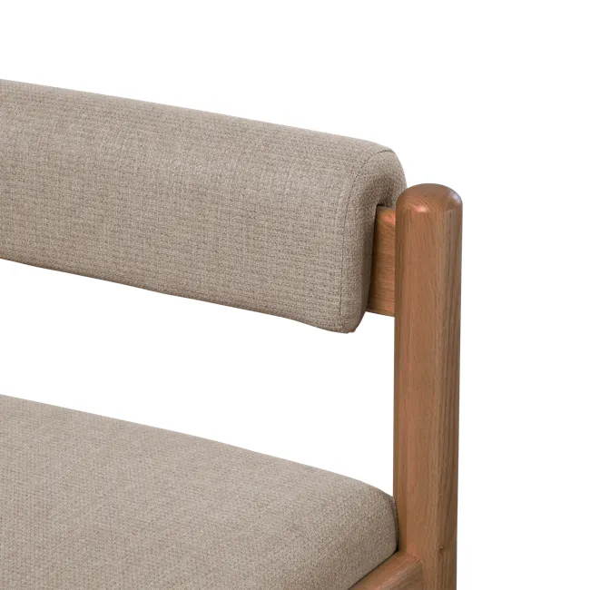 Niel Bench 1.25m - Walnut, Chestnut - 4 - Beige textured fabric sofa, wooden armrest, close-up view, cushioned armrest