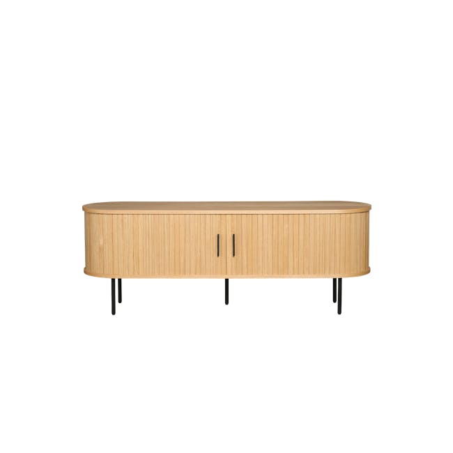 Nola TV Console 1.5m - Oak - 1 - Wooden table with black legs, minimalist design, round top, light wood finish, horizontal