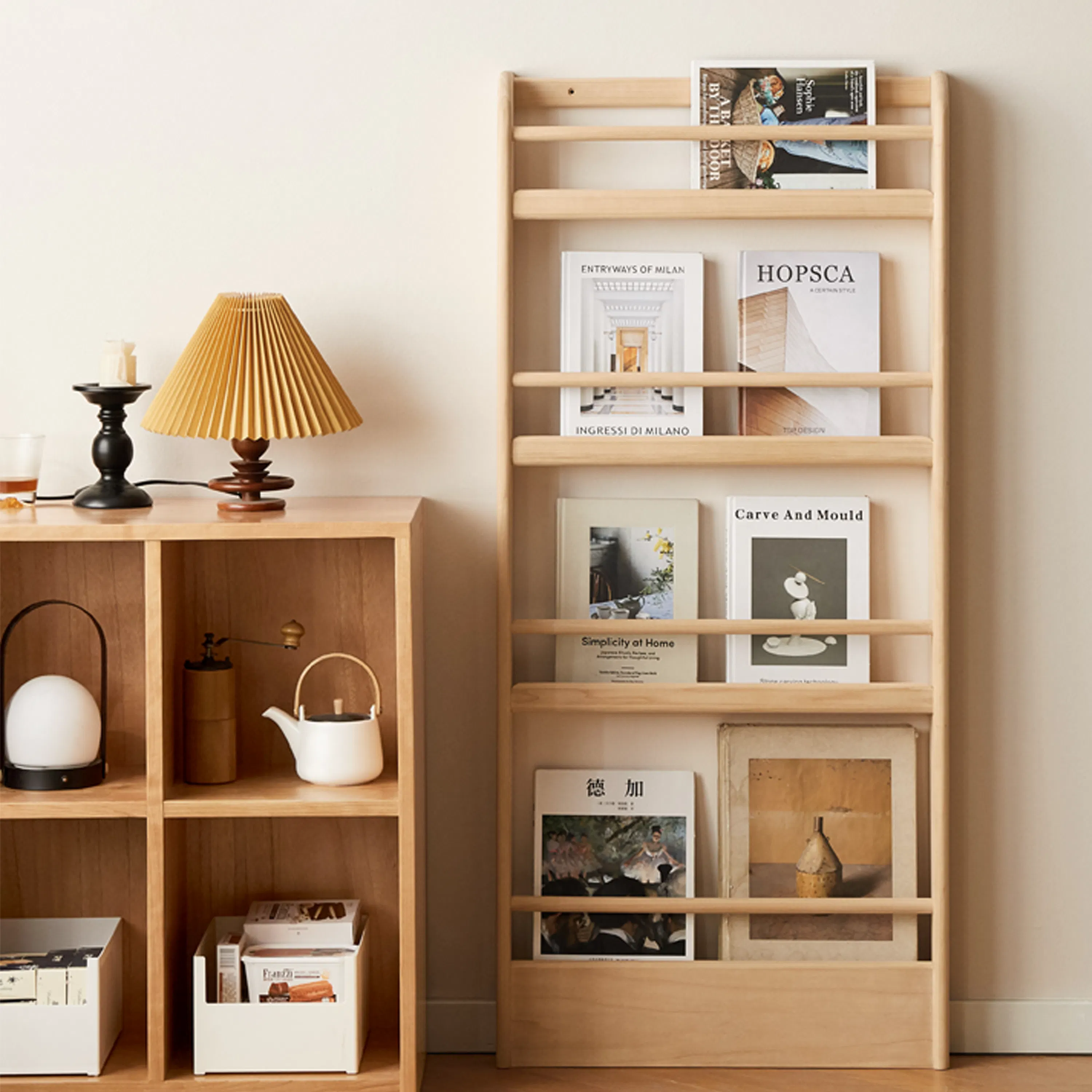 Micah 4 Tier Kids Wall Shelf 0.6m - 17 - Wooden shelf, minimalist design, light beige wall, natural wood finish, open