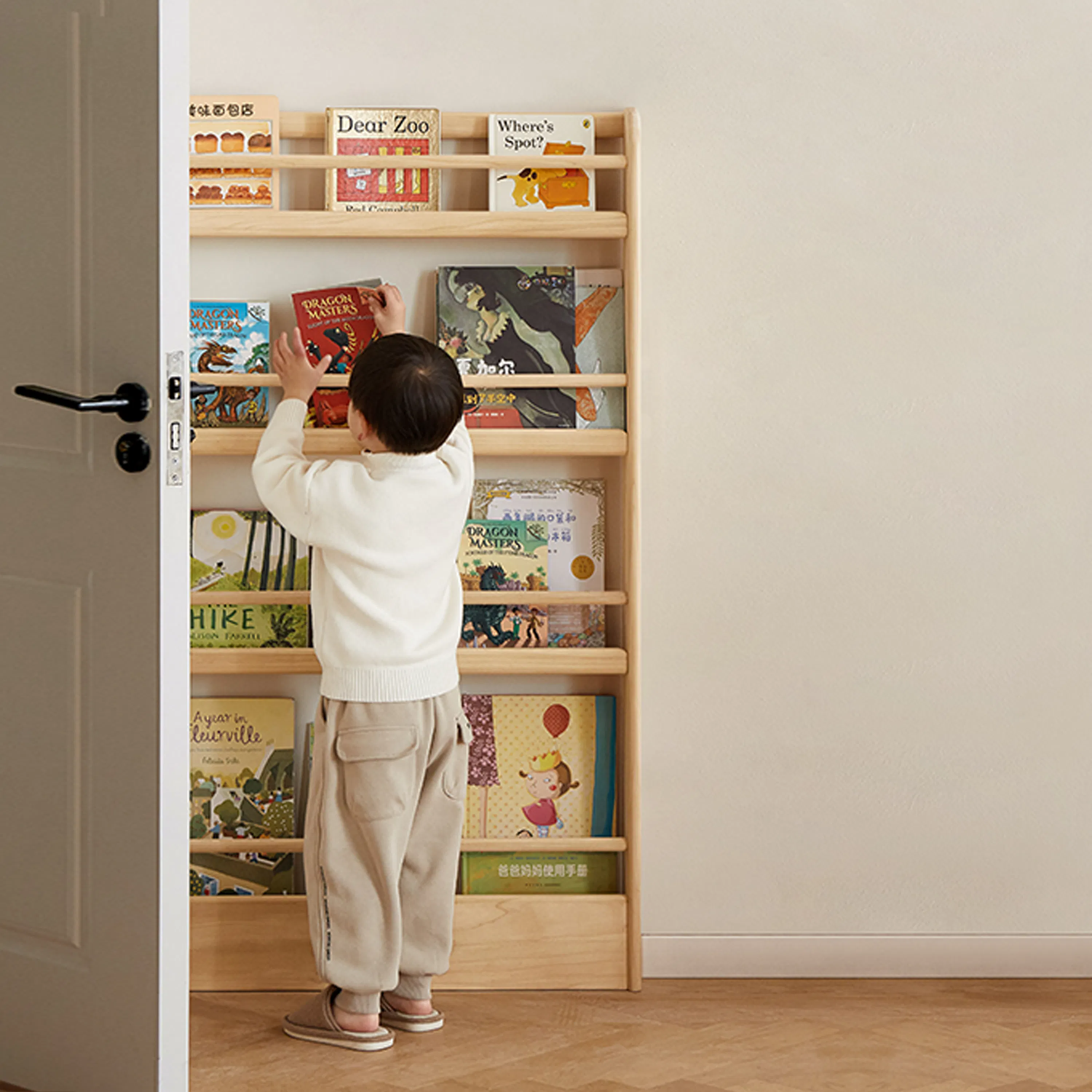 Micah 4 Tier Kids Wall Shelf 0.6m - 12 - Children's bookshelf, child's hands reaching for book, child in white sweater