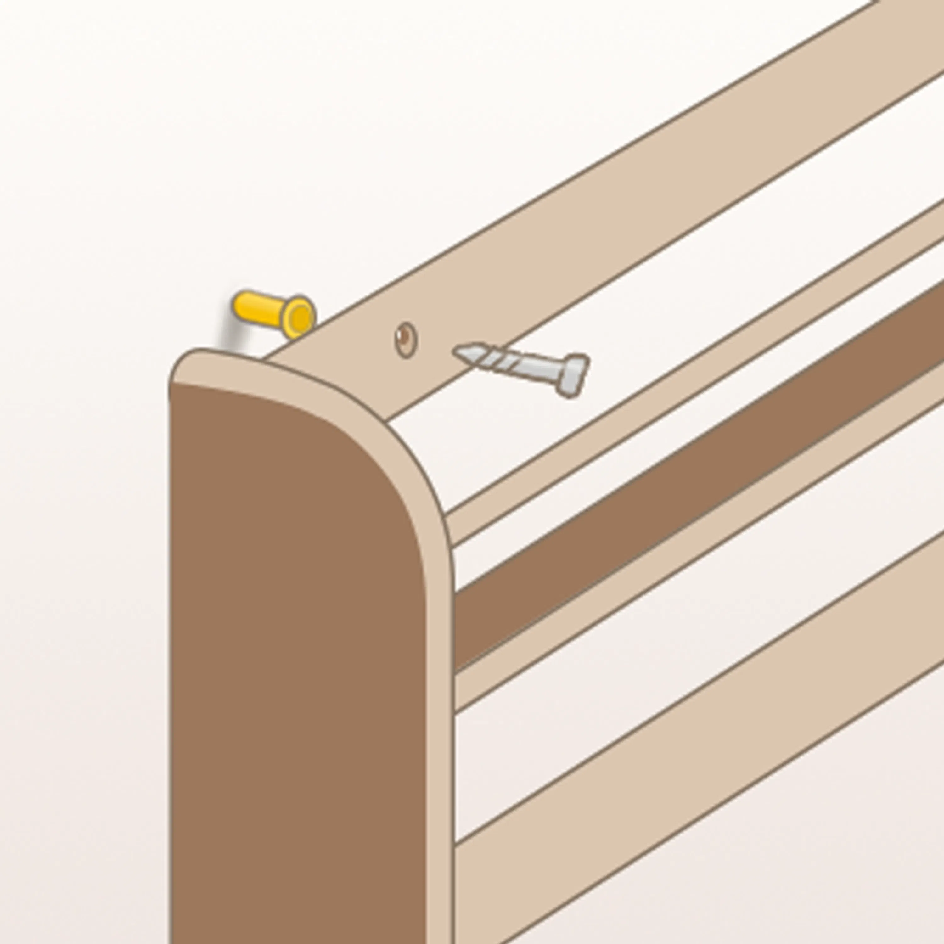 Micah 4 Tier Kids Wall Shelf 0.6m - 18 - Wooden bed frame with yellow nail head, Screwdriver and nail on wooden bed frame