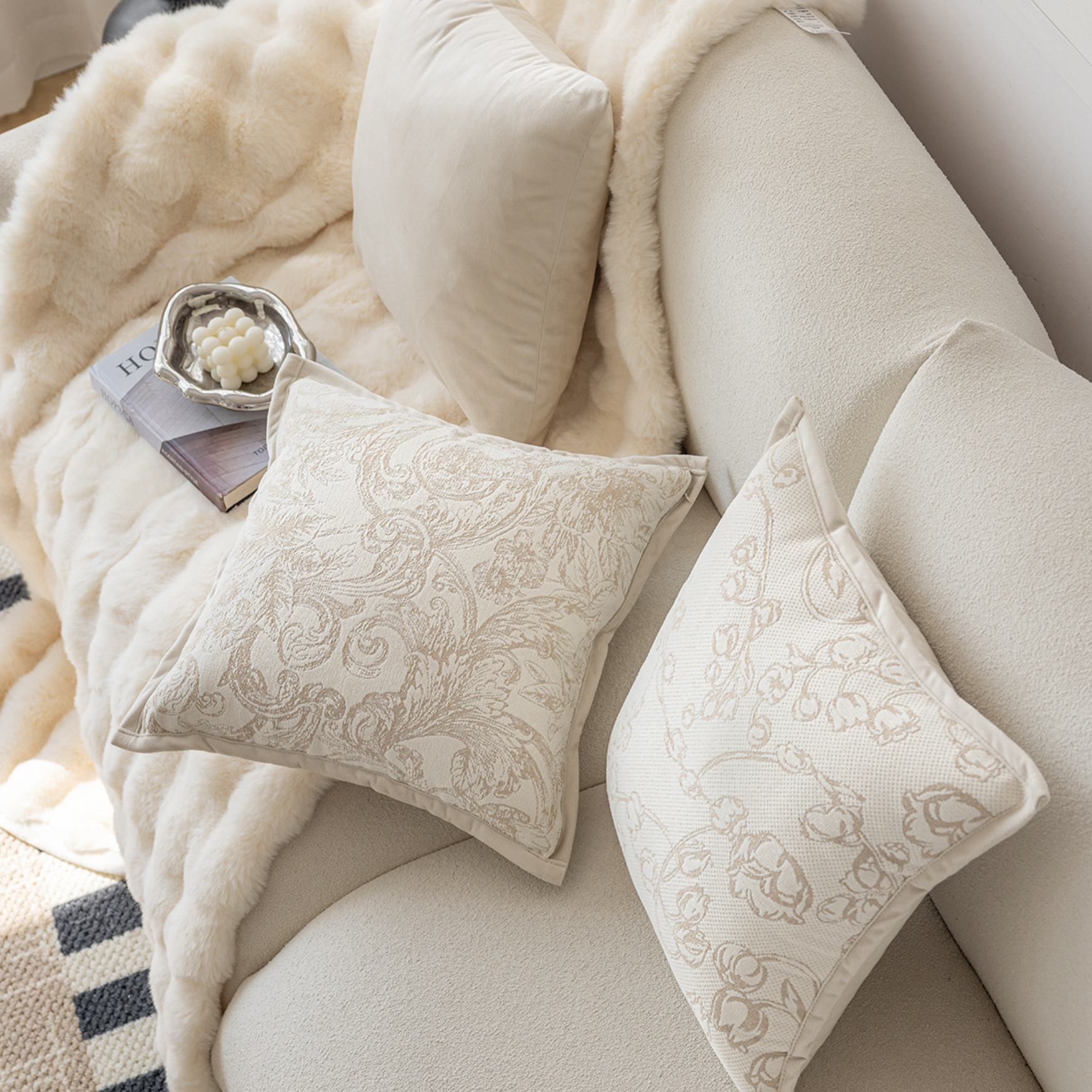 Baroque Leaf Motif Cushion Cover Cream, Cushion Covers by HipVan
