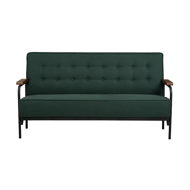 Daryl 3 Seater Sofa - Kale - 15 - Green upholstered sofa with tufted design, dark wood armrests, minimalist aesthetic