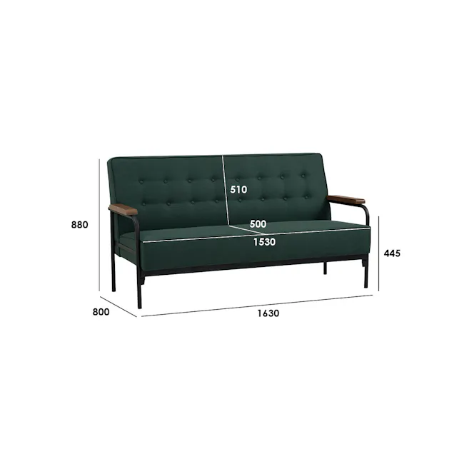 Daryl 3 Seater Sofa - Kale - 7 - Green upholstered sofa, 880 height, 510 chest cushion, 500 armrest, 1530 seat cushion, 1630