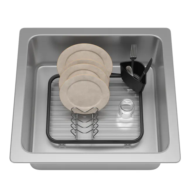 Sinkin Dish Rack - Smoke, Nickel - 9 - silverware rack, stainless steel sink, dish drying rack, beige plates, black utensil