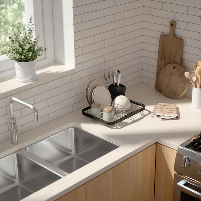 Sinkin Dish Rack - Smoke, Nickel - 14 - White tiled kitchen counter, stainless steel sink, light beige countertop, wooden