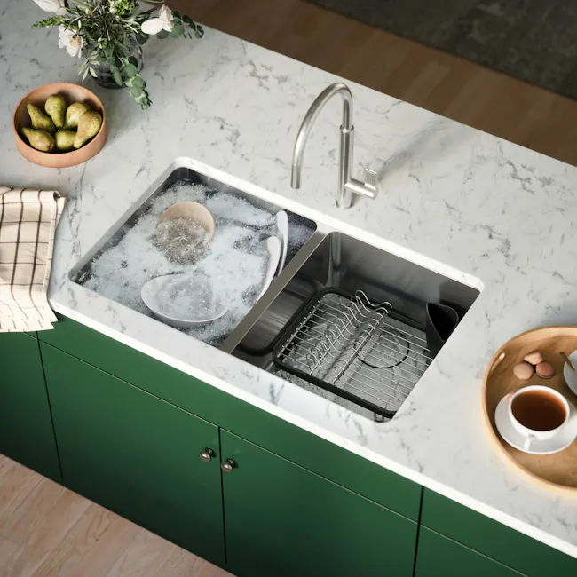 Sinkin Dish Rack - Smoke, Nickel - 13 - Marble countertop, modern kitchen, stainless steel sink, green cabinets, wooden