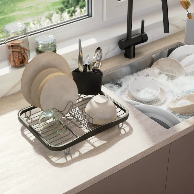 Sinkin Dish Rack - Smoke, Nickel - 2 - Clear glass jars filled with cookies and herbs on windowsill, stainless steel kitchen