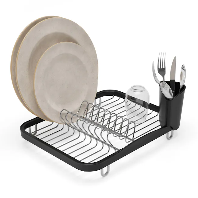 Sinkin Dish Rack - Smoke, Nickel - 10 - Dining table, black drying rack, silver utensils, glass jar, beige plates, stainless