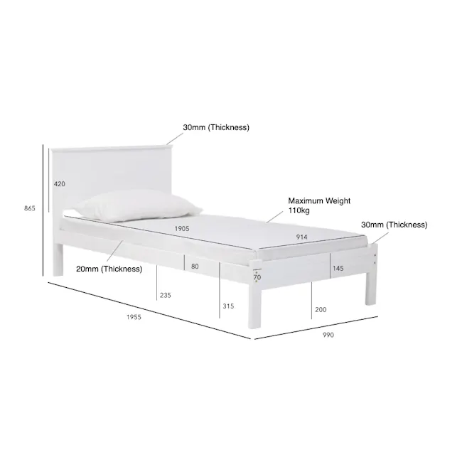 Barrett Single Trundle Bed - White - 6 - White bed frame with adjustable height, Adjustable height mattress support, 30mm