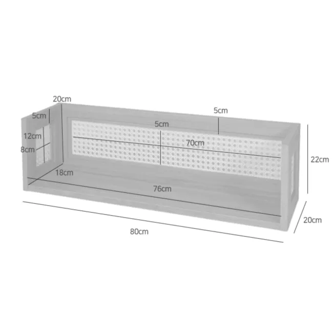 Belig Rattan Wall Shelf - Oak - 12 - Rectangular shelving unit, 20 cm width, 8 cm depth, 18 cm height, 76 cm length, 5 cm