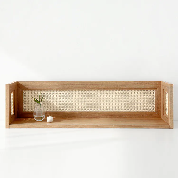 Belig Rattan Wall Shelf - Oak - 13 - Wooden shelf, minimalist design, natural wood finish, rectangular shape, light brown
