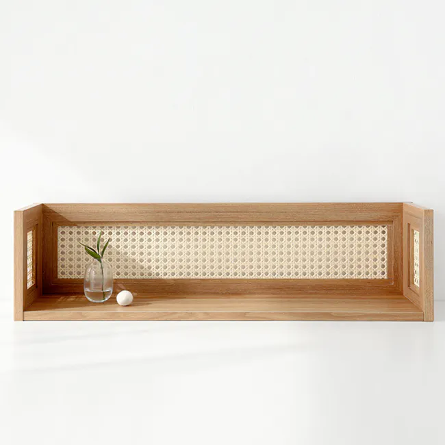 Belig Rattan Wall Shelf - Oak - 13 - Wooden shelf, minimalist design, natural wood finish, rectangular shape, light brown
