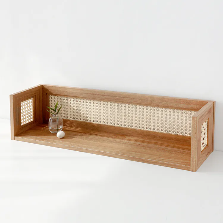 Belig Rattan Wall Shelf - Oak - 14 - Wooden shelf, minimalist design, natural wood finish, rectangular shape, side panels