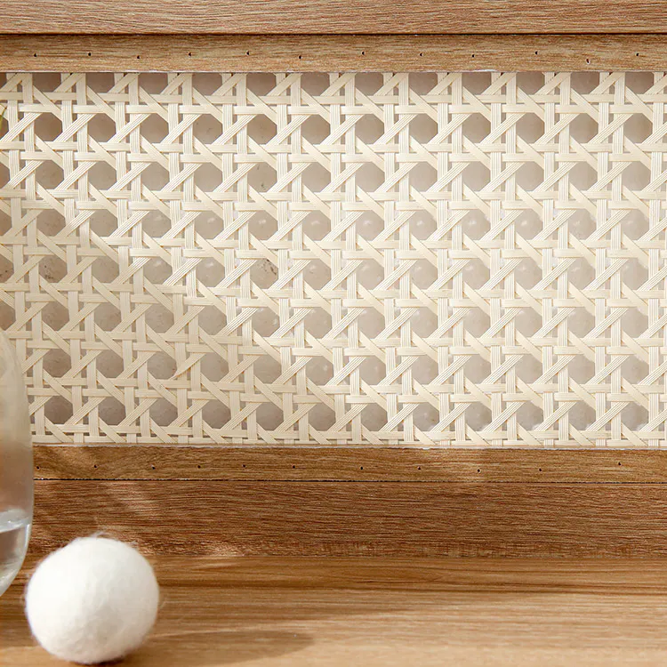Belig Rattan Wall Shelf - Oak - 10 - Wicker lattice, wooden background, textured surface, natural wood grain, woven pattern