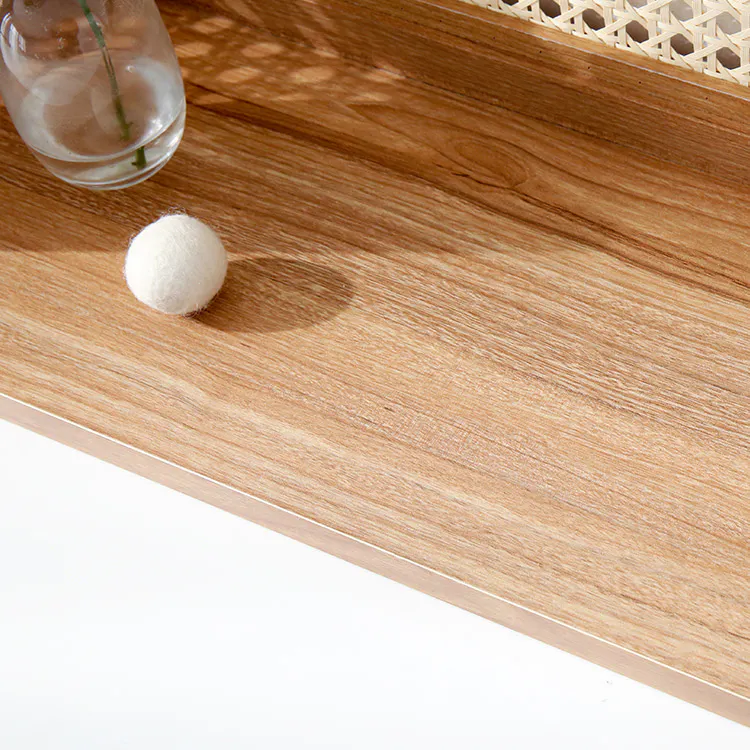 Belig Rattan Wall Shelf - Oak - 11 - Wooden surface, clear glass, plant stem, white cotton ball, natural wood grain