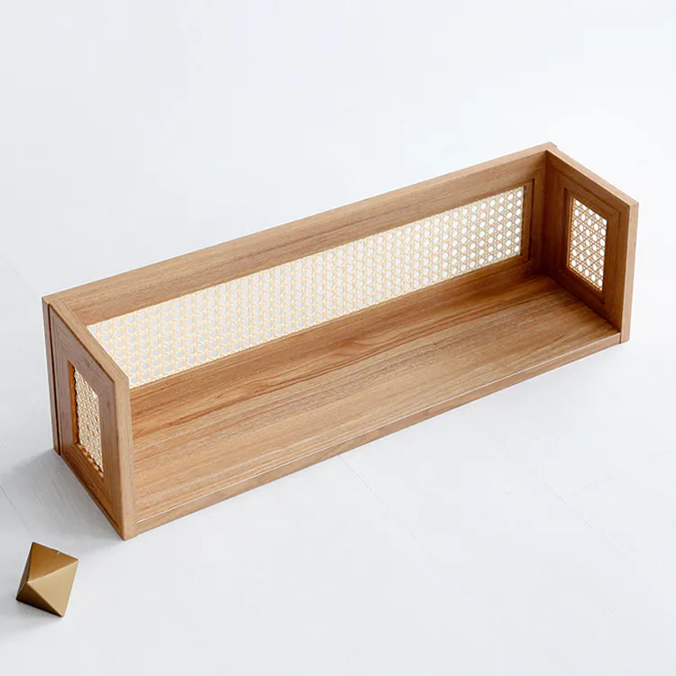 Belig Rattan Wall Shelf - Oak - 15 - Wooden bench with woven design, minimalist aesthetic, natural wood finish, rectangular