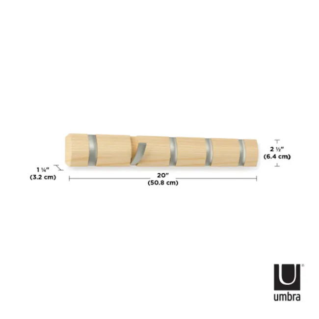 Flip 5 Hook - White - 7 - Umbra-branded cylindrical wooden object, 20-inch diameter cylindrical wooden piece, Wood texture
