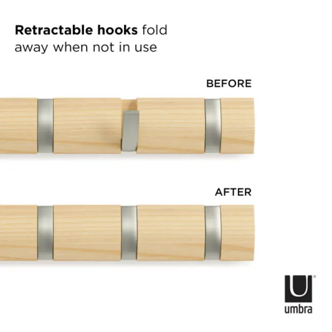 Flip 5 Hook - White - 6 - Wooden retractable hooks, silver metallic hooks, before and after comparison, wooden hooks