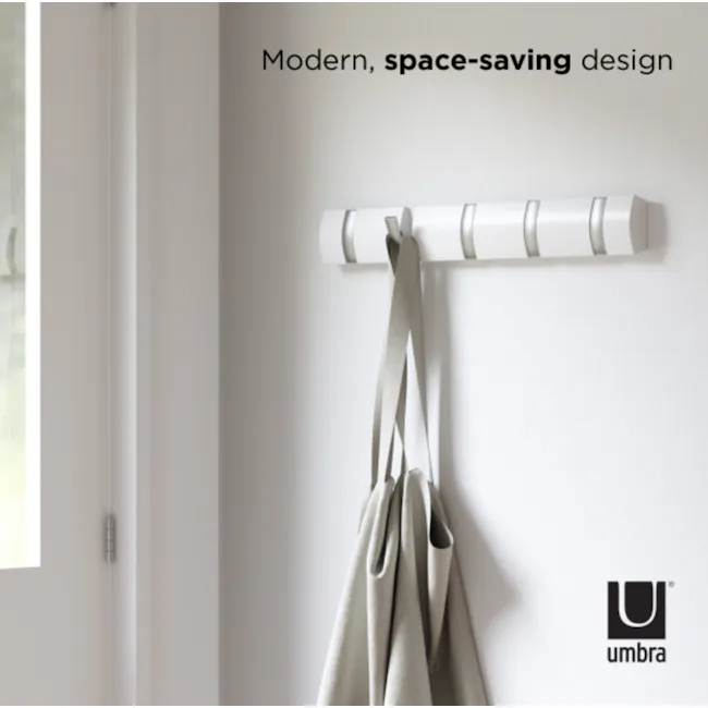 Flip 5 Hook - White - 2 - Modern, space-saving design, minimalist aesthetic, sleek white wall-mounted rack, functional