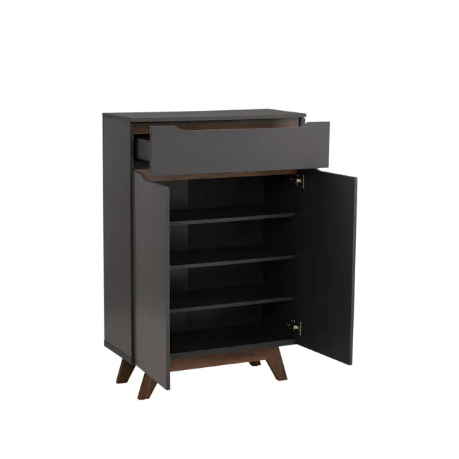 Miah Shoe Cabinet - Walnut, Grey - 10 - modern open shelving unit, minimalist cabinet, floating shelf, dark wood finish