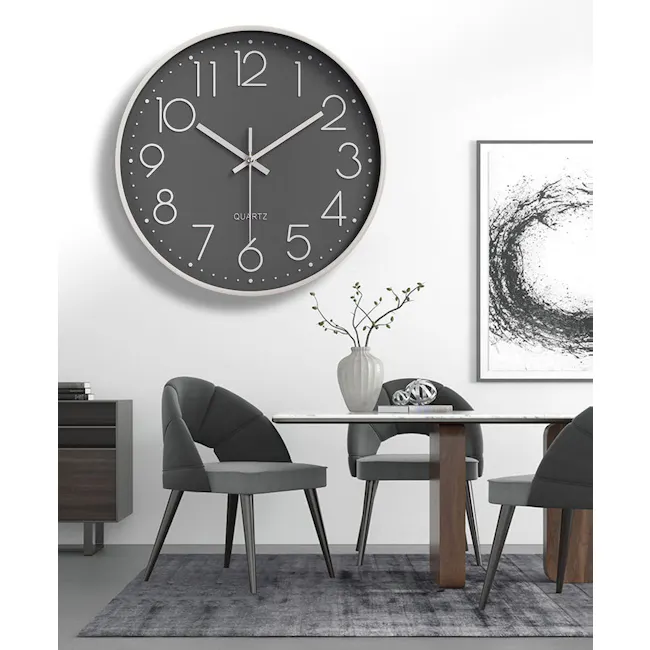 Numbera Wall Clock - Grey - 3 - Modern minimalist dining room, sleek black chairs, abstract art piece, contemporary