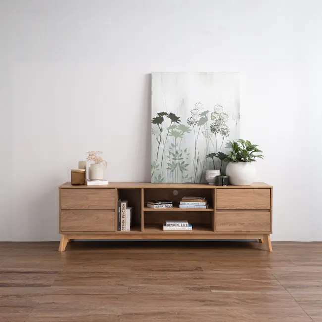 Herschel TV Console 1.8m - Natural - 4 - Wooden sideboard, minimalist design, natural wood finish, light gray wall, modern