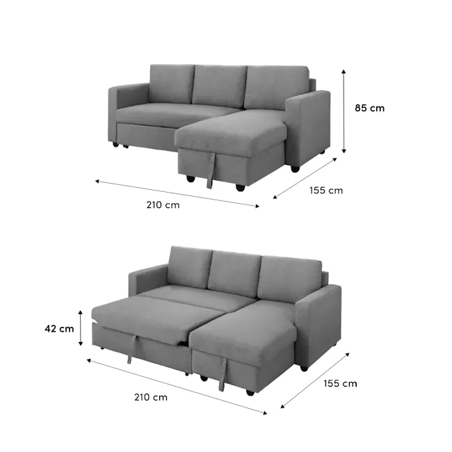 Mia L-Shaped Storage Sofa Bed - Dove Grey - 10 - Grey upholstered sectional sofa, 85 cm height, 210 cm total length, 155 cm