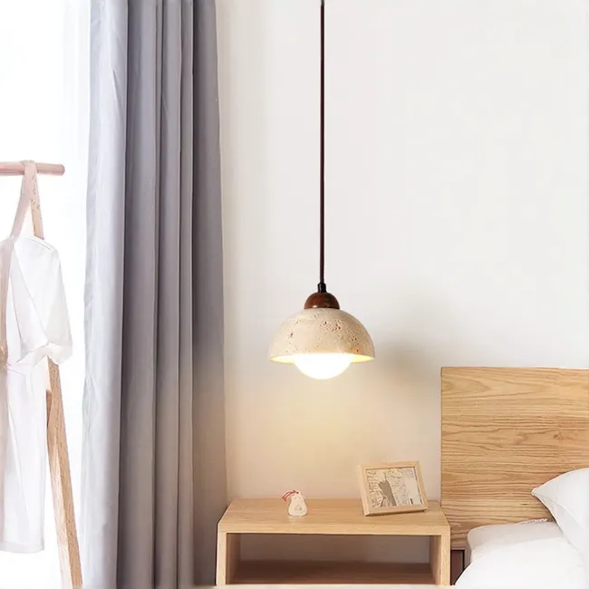 Caleb Travertine Pendant Lamp - Concave Dome - 2 - Wooden bedside table, pendant light, soft glow, minimalist decor, cozy