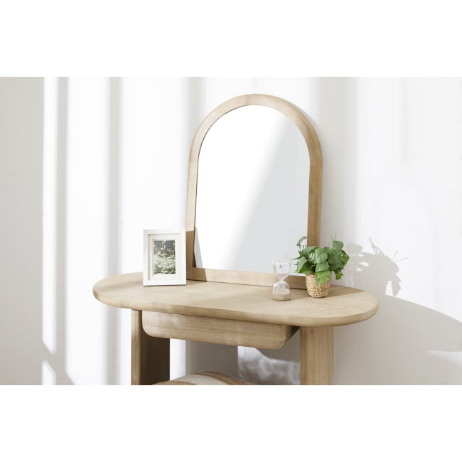 Catania Wall Mirror - 4 - Wooden side table, minimalist design, round top, natural light, white wall, wooden frame, arched