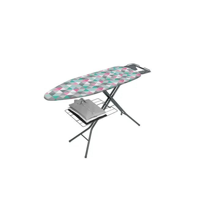 Metaltex Antares Ironing Board with Underboard Linen Shelf - 1 - Ironing board with geometric pattern, folding chair, gray